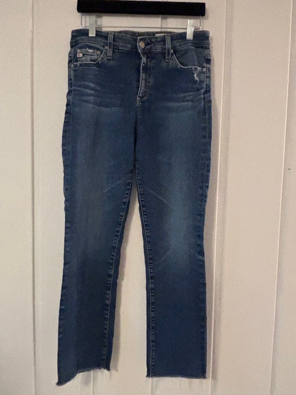 AG Mari Crop High Rise Slim Straight Jeans Raw Hem Blue Denim Size 28